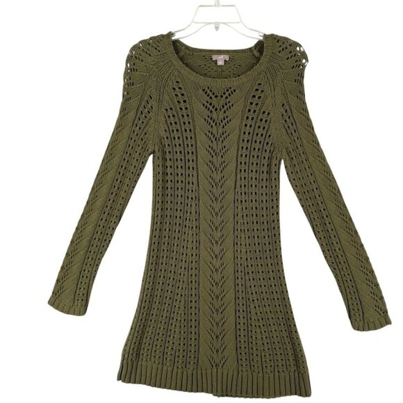 J Jill Women's Sweater Small Cable Knit Tunic Olive Green Pointelle Knit - Picture 2 of 8